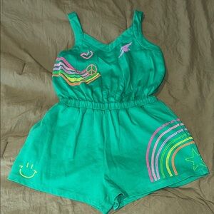 Hannah Banana Green Romper with Rainbow and Peace Symbols